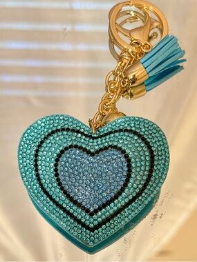 Heart Tassel Keychain Card Holder - Teal Blue with Gold Hardware